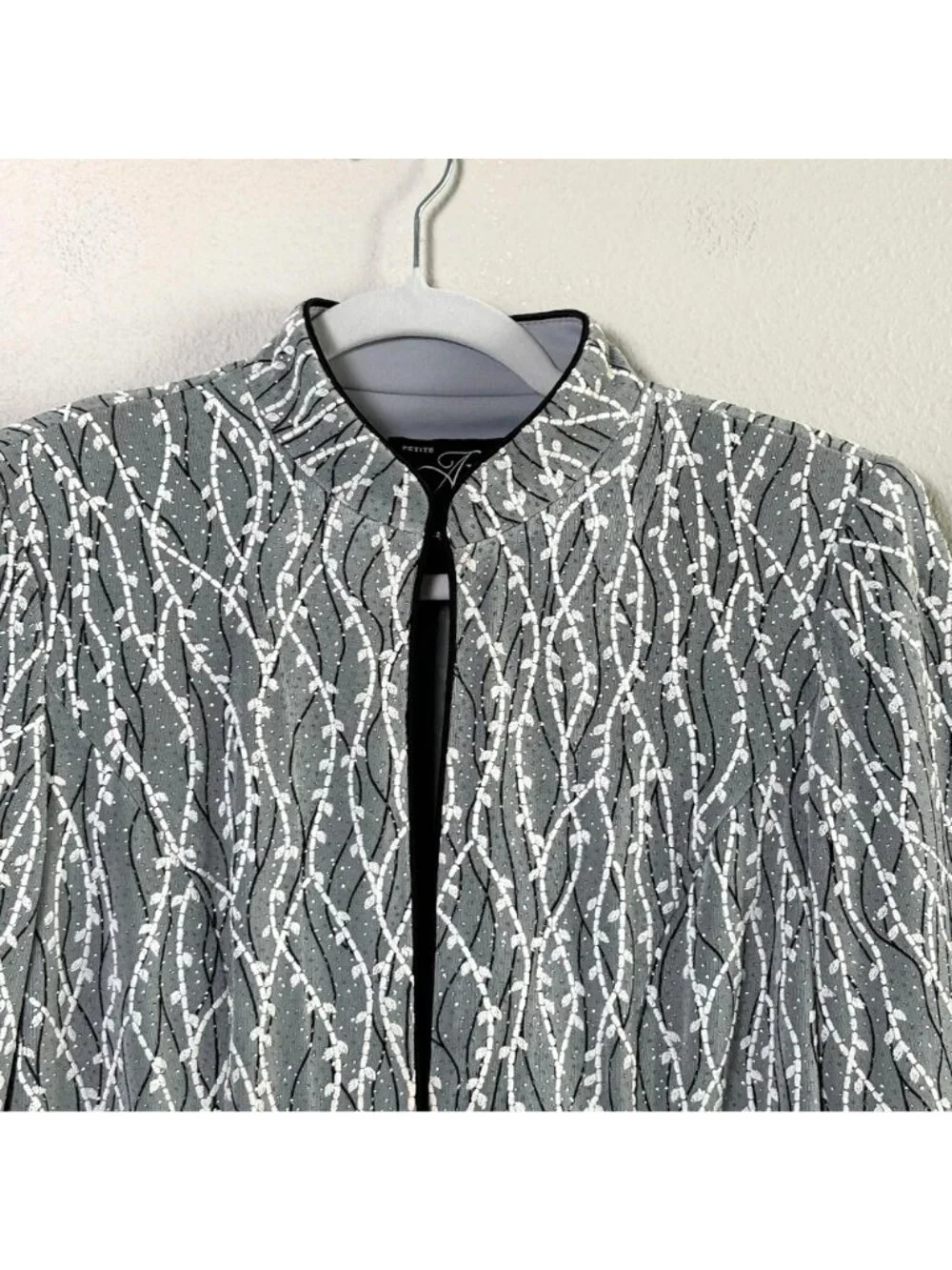 Alex Evenings Jacket Petite S SP Gray Black Metallic 3/4 Sleeves Mandarin Collar